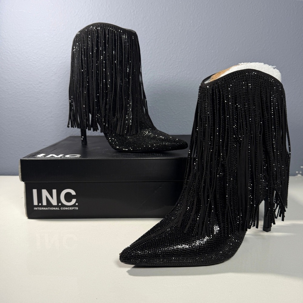 INC Black Rhinestone Fringe‎ Ankle Boots 4" Heel Stiletto 8.5M - Picture 2 of 9